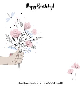 floral bouquet in hand, congratulatory postcard