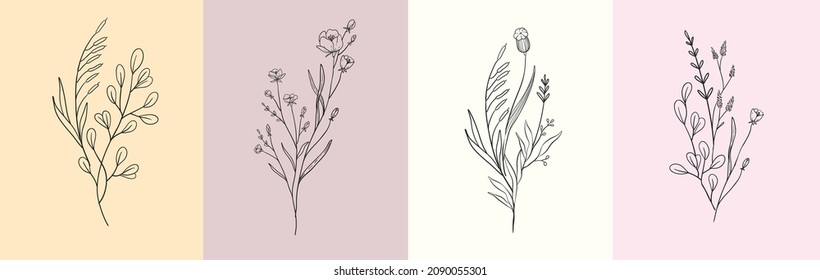 Ramo de flores. Hierba de la rama de la boda dibujada a mano, flores minimalistas con hojas elegantes para la invitación ahorran el diseño de la tarjeta de fecha. Vector de vegetación botánico-rústico de moda