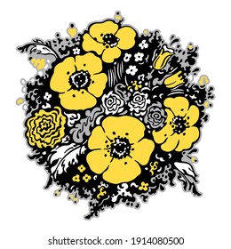 Floral  bouquet. Hand-drawn illuminating yellow flowers, leaves and herbs. Vector illustration