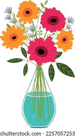 Floral bouquet icon. Bright colorful flowers in glass vase