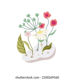 Floral Bouquet In Ikebana Vase. Hand Drawn Flat Illustration. Vector Isolated On White Background. 