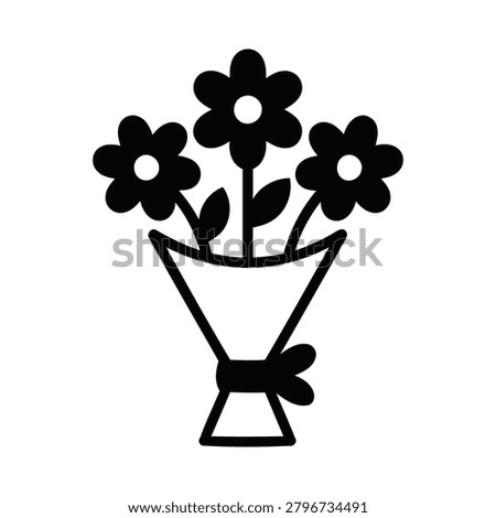 Floral bouquet illustration, solid black and outline silhouette of blooming flowers clipart, symbol of celebration, love, and friendship