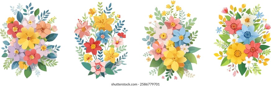 Floral bouquet illustration with vibrant flowers and lush greenery. Perfect for decorative projects, greeting cards, invitations, and festive designs. Vector collection of floral elements