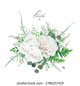 Floral bouquet: ivory white peony Rose flowers, Eucalyptus branch, greenery forest fern, asparagus leaves & plants botanical vector illustration. Elegant wedding invitation, invite, save the date card