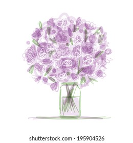 Floral bouquet in jar, sketch for your design