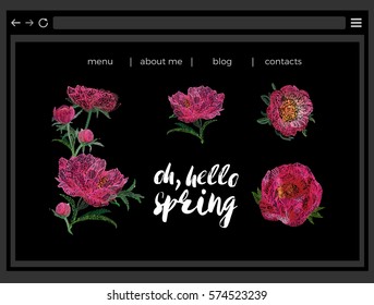 Floral bouquet, Oh hello spring quote, Beautiful peony rose flower. Spring web site design: vector patch embroidery in watercolor style. Vintage beautiful floral card on black background.