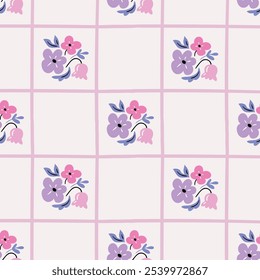 Floral bouquet on checkered background. Cute seamless pattern for tablecloth and kitchen decor. decorative floral fabric design. Tile in pink color