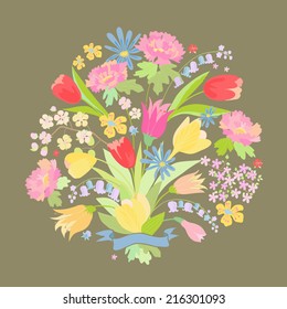 Floral bouquet on holiday postcard. Spring, summer.