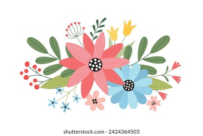 Ramo de flores sobre fondo blanco. Concepto de boda con flores. Afiche de primavera floral, inviten. Ilustración vectorial para tarjeta de felicitación, diseño de invitación.