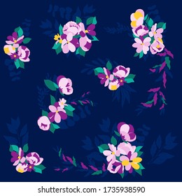Floral bouquet pattern on dark blue background