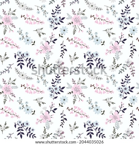 Floral bouquet pattern with small flowers and leaves. Colorful garden flowers on white background. Floral seamless background for fashion prints. Seamless vector texture. Spring bouquet.
