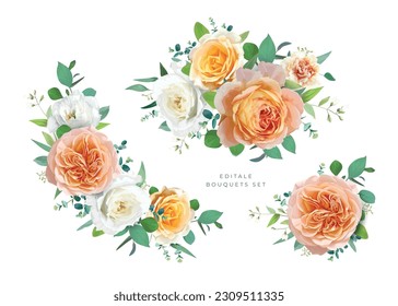 Floral bouquet of peach, orange, yellow, white garden rose flowers, green eucalyptus leaves. Watercolor style vector illustration. Bright rustic summer wedding invite, greeting decorative elements set