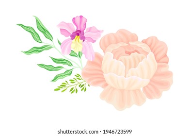 Floral Bouquet of Peony and Garden Flowers Vector Illustration