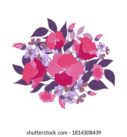 Floral bouquet. Pink, purple, violet abstract vector flowers, buds, blue leaves. Floral illustration, watercolor style.