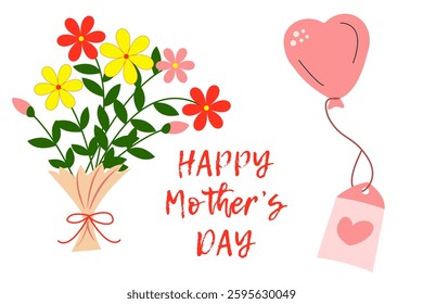 Floral bouquet with red, yellow and pink flowers, heart-shaped balloon and “Happy Mother's Day” caption. Bright vector illustration in flat minimalistic style