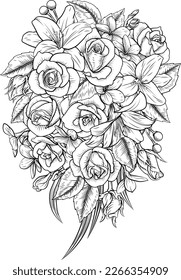 A floral bouquet with roses, lilies and other flowers. Could be for a funeral, wedding or other occasion. Can be used a coloring book page design. In a vintage woodcut engraved etching style.