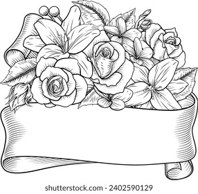 Un bouquet floral avec des roses, des lys et d'autres fleurs et un défilement de bannières. Peut-être pour un enterrement, un mariage ou une autre occasion. Dans un style vintage de gravure gravée sur fond de bois.