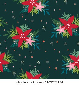 Floral bouquet seamless pattern with small flowers and leaves, Vector illustration