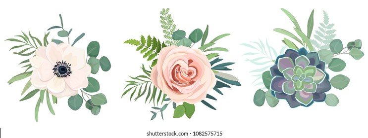 Floral bouquet set with rose, anemone and eucalyptus branch for wedding decoration, greeting card, birthday, Easter, invite. Vector hand drawn illustration. Watercolor style