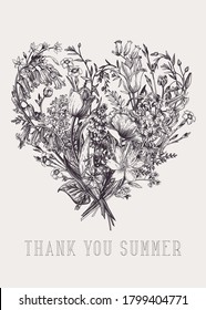  Floral bouquet in the shape of a heart. Summer flowers and herbs. Vector botanical illustration. Isolated. Black and white.