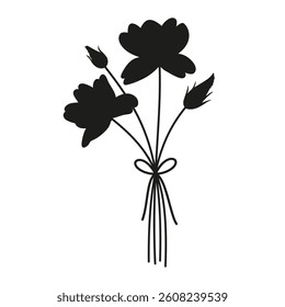 Floral bouquet, silhouette in black color. Bunche of delicate wildflowers tied with ribbons. Vector illustration for design projects