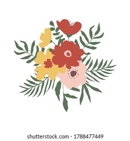 Floral bouquet. Simple flowers and tropical leaves on white background. Trendy autumn colours. Perfect for wedding invitation, posters, stickers, packaging and other design decoration.
