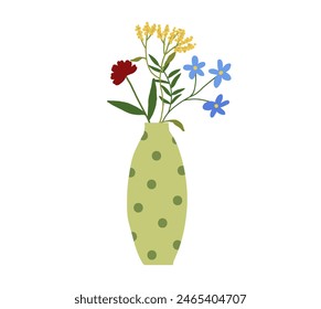 Floral bouquet vase. Wildflower bunch in modern glass pitcher. Spring summer garden flower vase. Cute flowerpot meadow home decor. Vector illustration in flat cartoon style