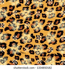 Floral bouquet vector pattern with Animal print, leopard texture background