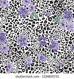 Floral bouquet vector pattern with Animal print, leopard texture background