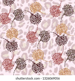 Floral bouquet vector pattern  on Leopard pattern,  animal fur
