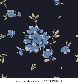 Floral bouquet vector pattern with small blue flowers and leaves a dark background