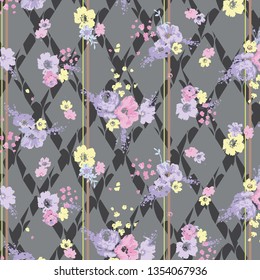 Floral bouquet vector pattern with small flowers and leaves
