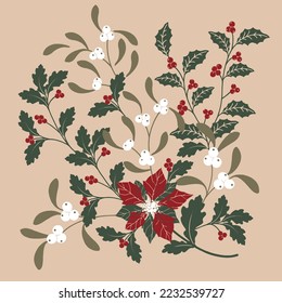 Floral bouquet vector pattern with small flowers and leaves,Seamless Floral christmas Pattern in beige background.