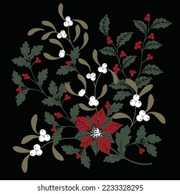 Floral bouquet vector pattern with small flowers and leaves,Seamless Floral christmas Pattern in black background.