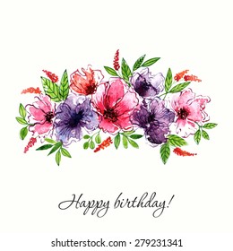 Floral bouquet.  Watercolor floral invitation. Birthday card.