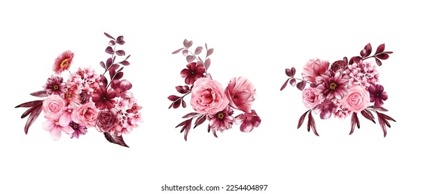 Fondo vectorial de la acuarela de ramo floral. Colección de flores magenta, hojas, ramas. Diseño para saludos, tarjeta, invitación, volante, banner.