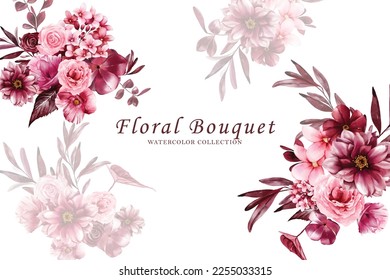 Floral bouquet watercolor vector background. Collection magenta flowers, leaves, branches. Design for greetings, card, invitation, flyer, banner.
