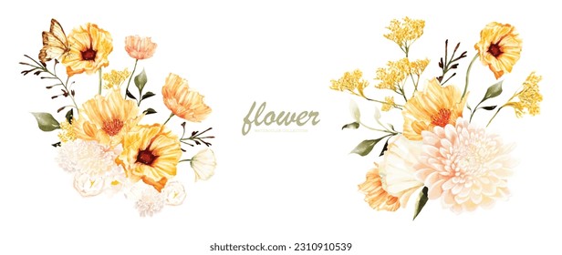 Floral bouquet watercolor vector elements design. Botanical watercolor vector collection of flower, leaves, and branches.