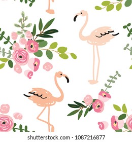 Floral bouquets and blush pink flamingo on the white background. Vector seamless pattern with tropical birds and flowers. Exotic summer beach.