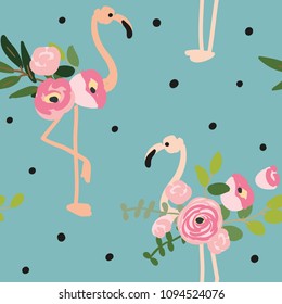 Floral bouquets and blush pink flamingo on the light blue background with dots. Vector seamless pattern with tropical birds and flowers. Exotic summer beach print. Trendy design.