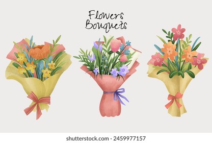 Floral bouquets collection illustration for valentine  mothers day  woman day  wedding  birthday
