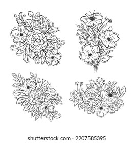 Colección de elementos de ramos florales sobre fondo blanco
