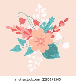 Bouquets florales. Bouquets de flores. Elemento de diseño para invitaciones, tarjetas de felicitación, afiches, blogs. Flores y hojas delgadas.