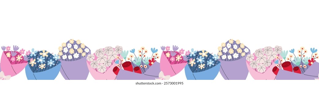 Floral bouquets seamless border. Vector flat flower bouquets in wrapping paper seamless background