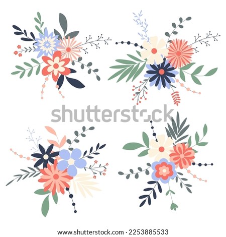 Floral bouquets set. Flowers and herbs composition. Delicate spring or summer blooms. Wild flowers bunch, clip art. Decoration for cards and invitations. Flat design, vector