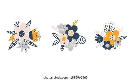 Floral bouquets set in scandinavian style. Flower buds with berries, leaves and branches. Spring flowers in a flat style isolated on white background. Easter decorative elements. Hand drawn botanical 