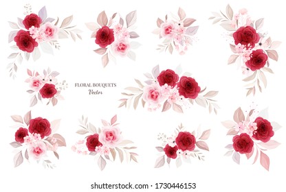 Floral bouquets vector bundle. Botanic decoration illustration of red and peach roses with leaves, branch. Botanic elements for wedding, greeting card, or logo design vector