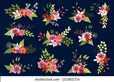 Floral bouquets, wedding celebration flower arrangement, hand drawn ornamental flowers. Decorations isolated on dark background. Nature stickers, flat doodle.