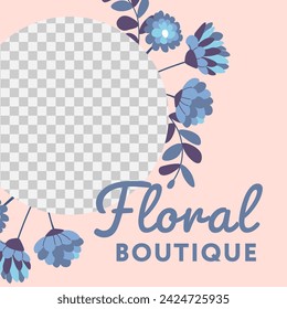 Floral boutique, florist shop with compositions. Flowers assortment and decor, leaves and flourishing, blossom. Promotional banner or advertising. Transparent circle frame, vector in flat style