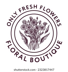 Floral boutique with fresh bouquets and flowers in blossom, blooming flora and arrangement. Leaves and tender petals. Emblem or logotype, logo for product or package design. Vector in flat style